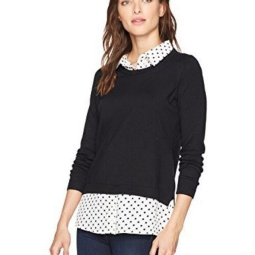 ADRIANNA PAPELL Black White Polka Dot Twofer Sweater Collar Shirt Tunic Blouse